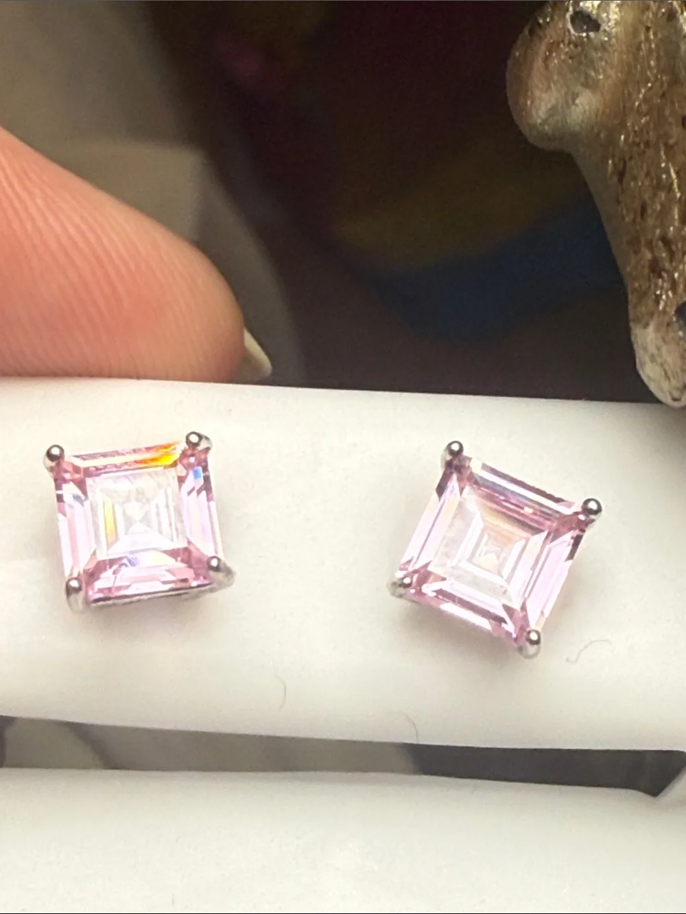 925 Sterling Silver Princess Cut Pink Gemstone  Stud Earrings NEW STUNNING